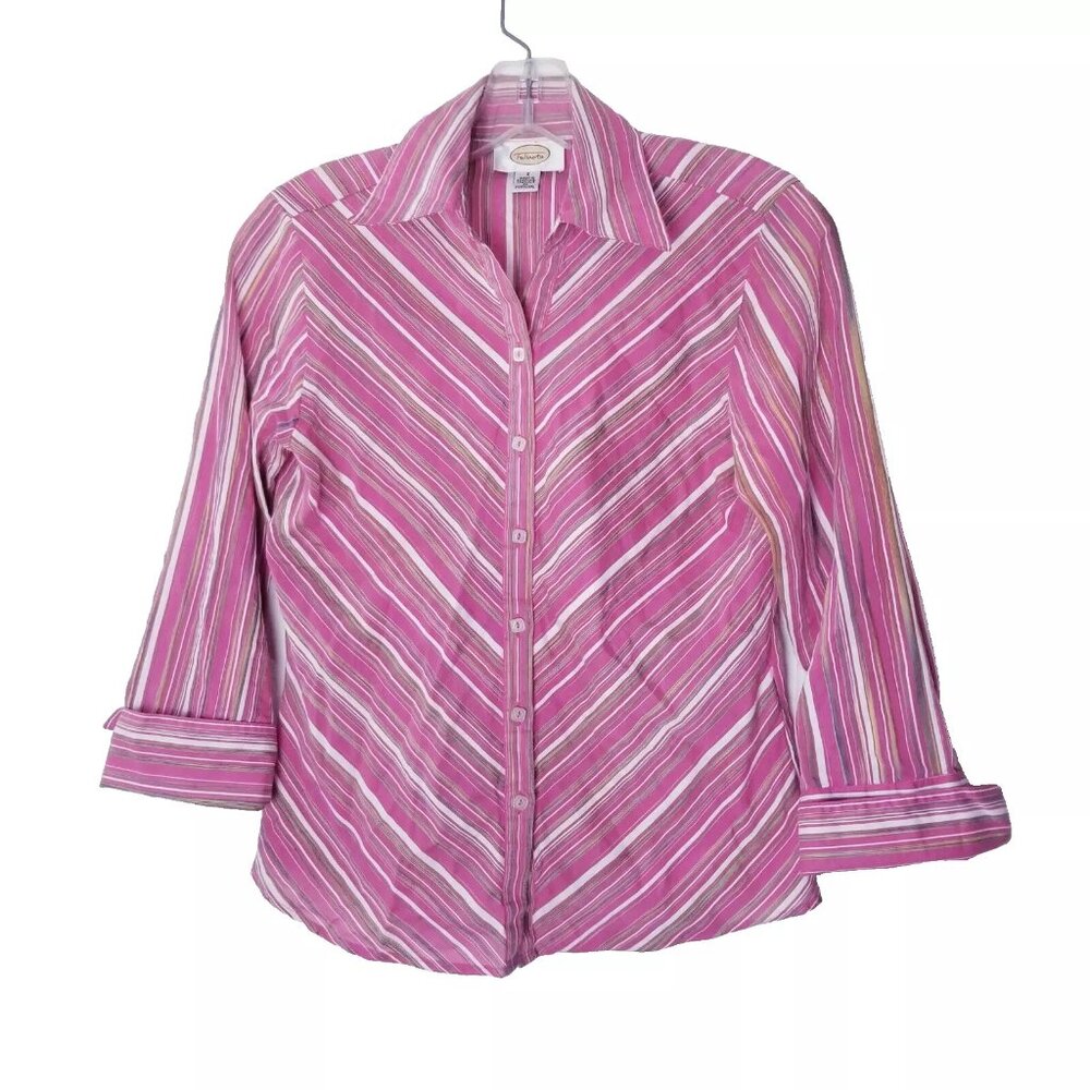Talbots Womens Size 2 Button Down Shirt Pink Green Striped Blouse